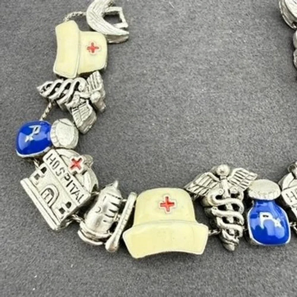 Silver Tone Bracelet Medical Nurse Charms Enamel Caduceus Hospital Novelty Style
